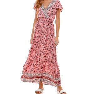 Pink Floral Flutter Sleeve Maxi Summer Dress
